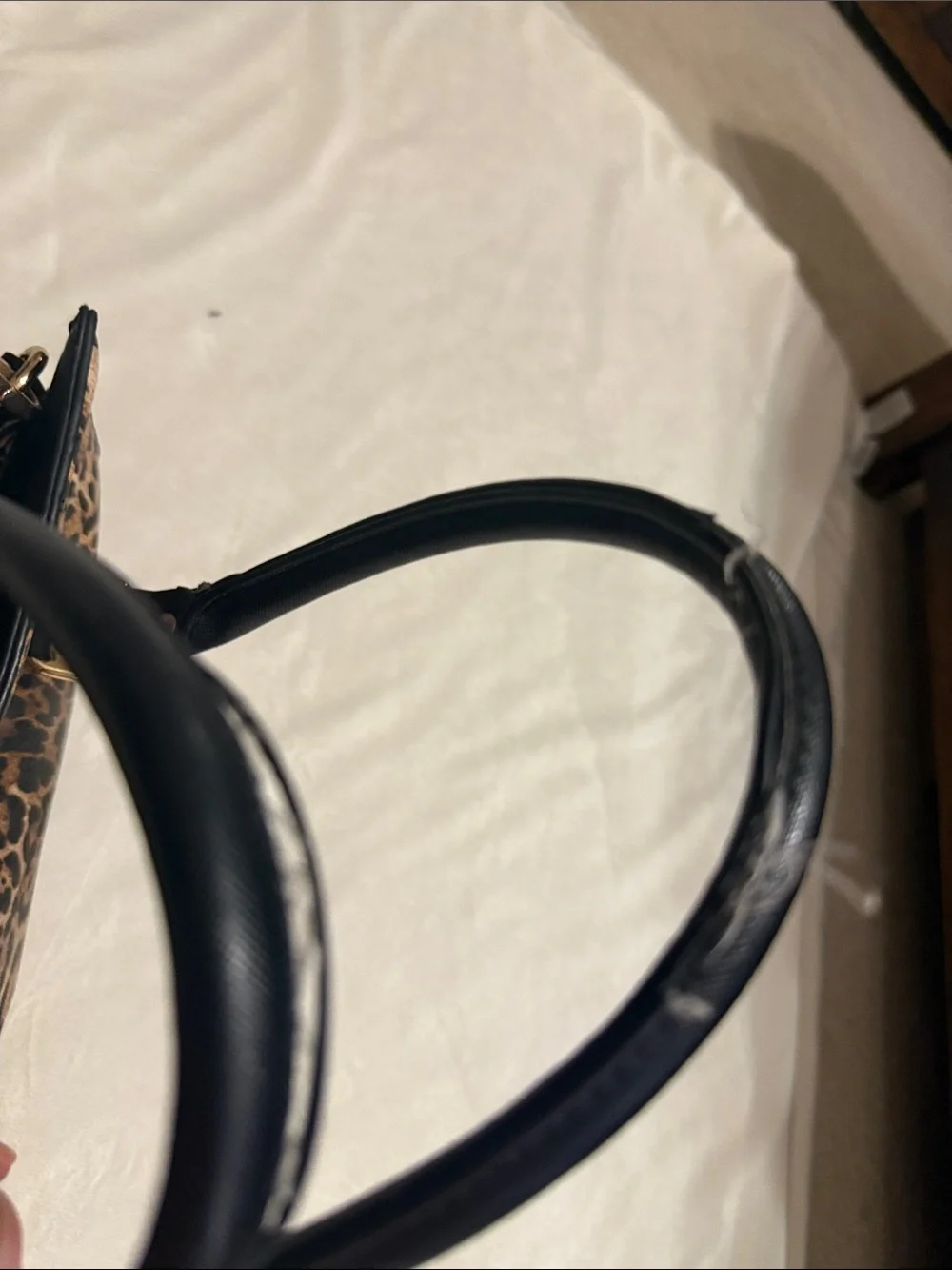 Leopard Print Tote Bag with Black Handles and Gold Hardware. The wallet included